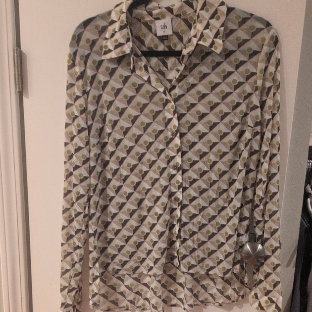 CAbi Green and Cream Patterned Blouse